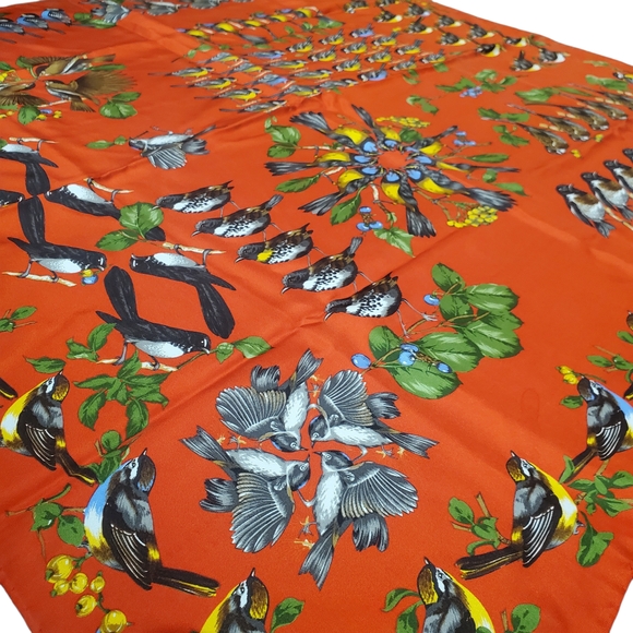 100% Silk Bird Print Scarf. 34" x 34". Orangish Red w/ Multicolor Birds - Picture 10 of 13